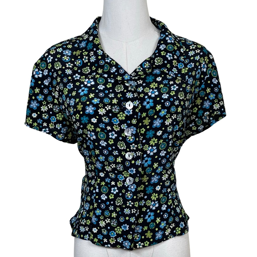 Vintage‎ Giorgio Fiorlini Floral Sheer Blouse Women L Black Green Retro Mod 90s